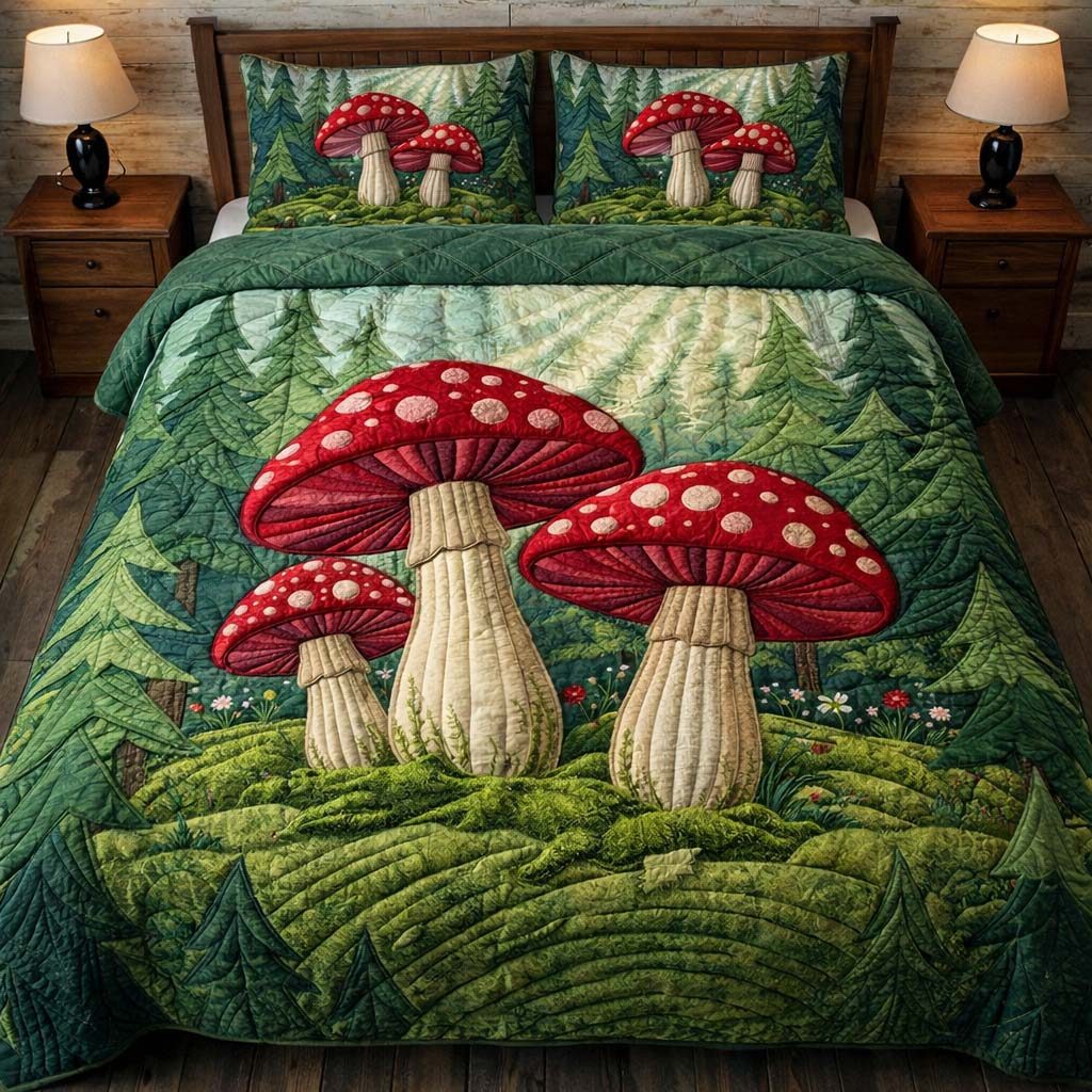 Mushroom Hills quilted 3-piece bedding set on a made bed with two matching pillow shams