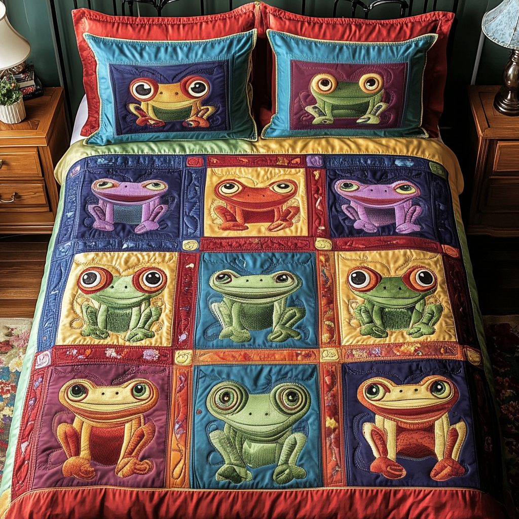 Mushroom Meadow quilted 3-piece bedding set on a made bed with two matching pillow shams