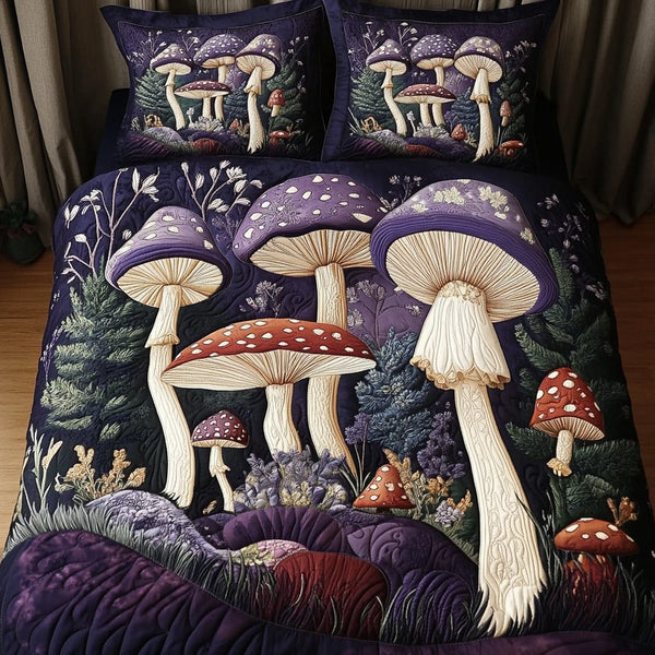 Mushroom Meadow quilted 3-piece bedding set on a made bed with two matching pillow shams