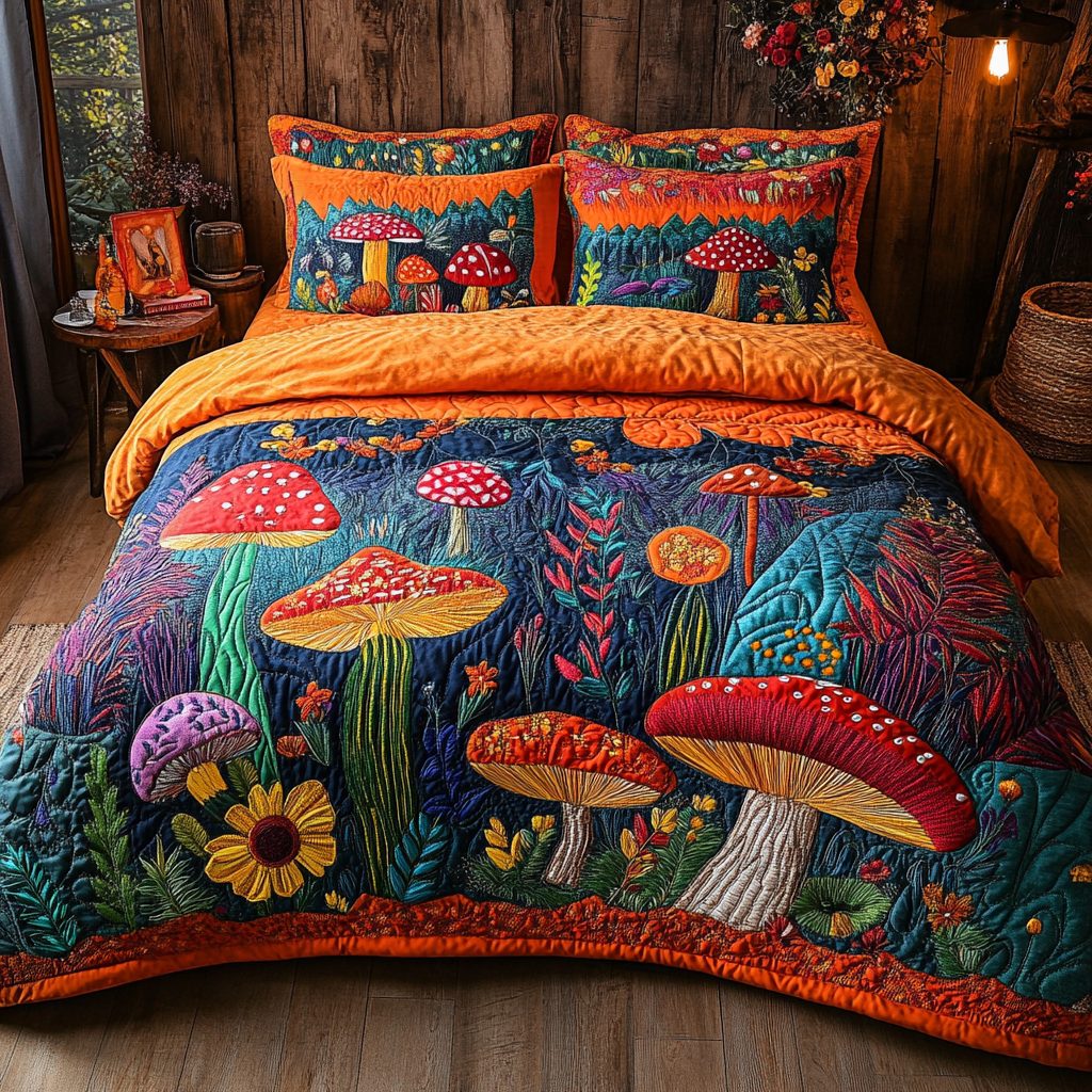 Mushroom Meadow quilted 3-piece bedding set on a made bed with two matching pillow shams