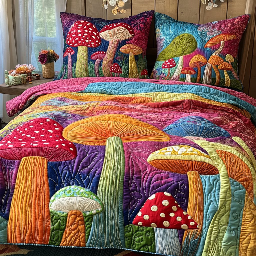 Mushroom Meadow quilted 3-piece bedding set on a made bed with two matching pillow shams