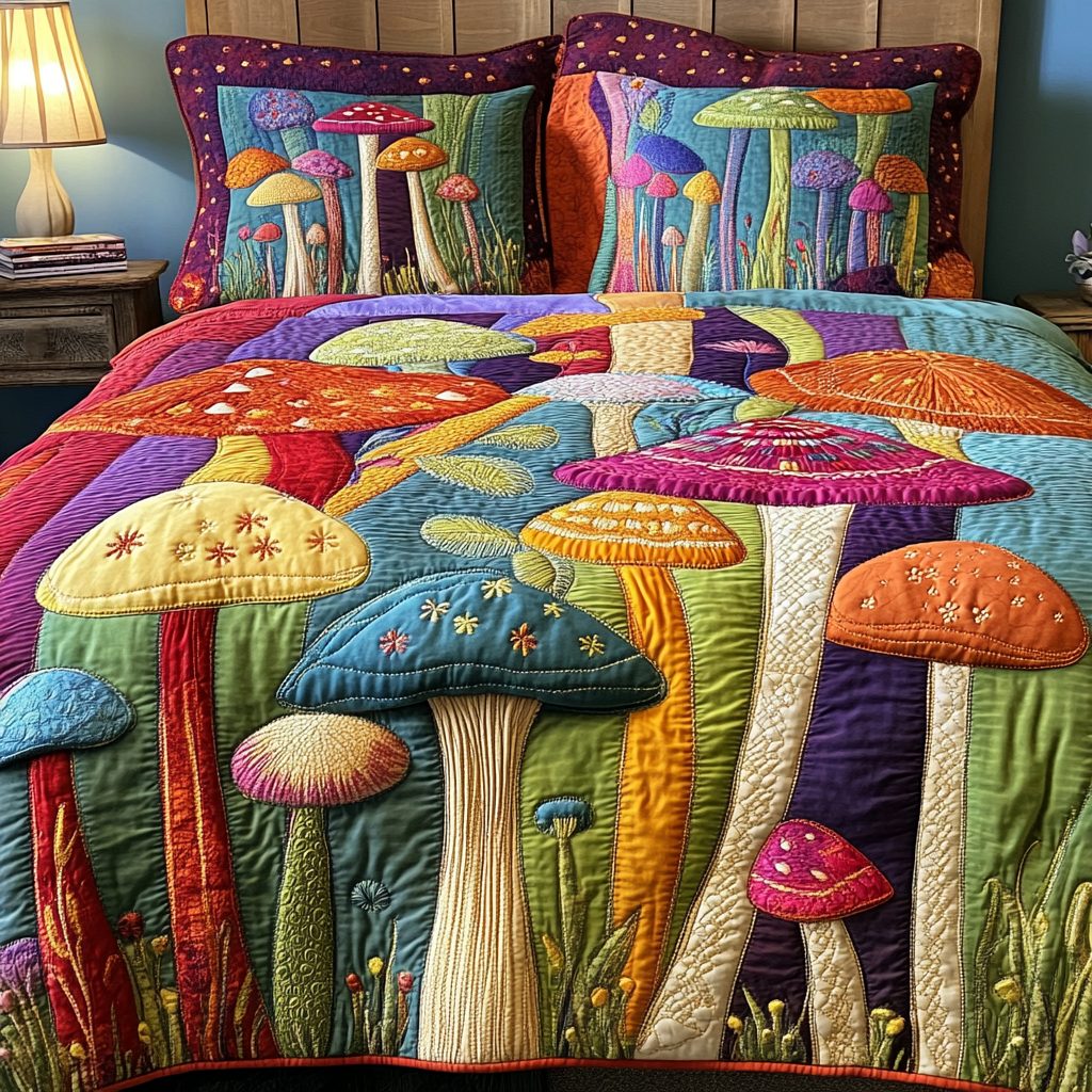 Mushroom quilted 3-piece bedding set on a made bed with two matching pillow shams