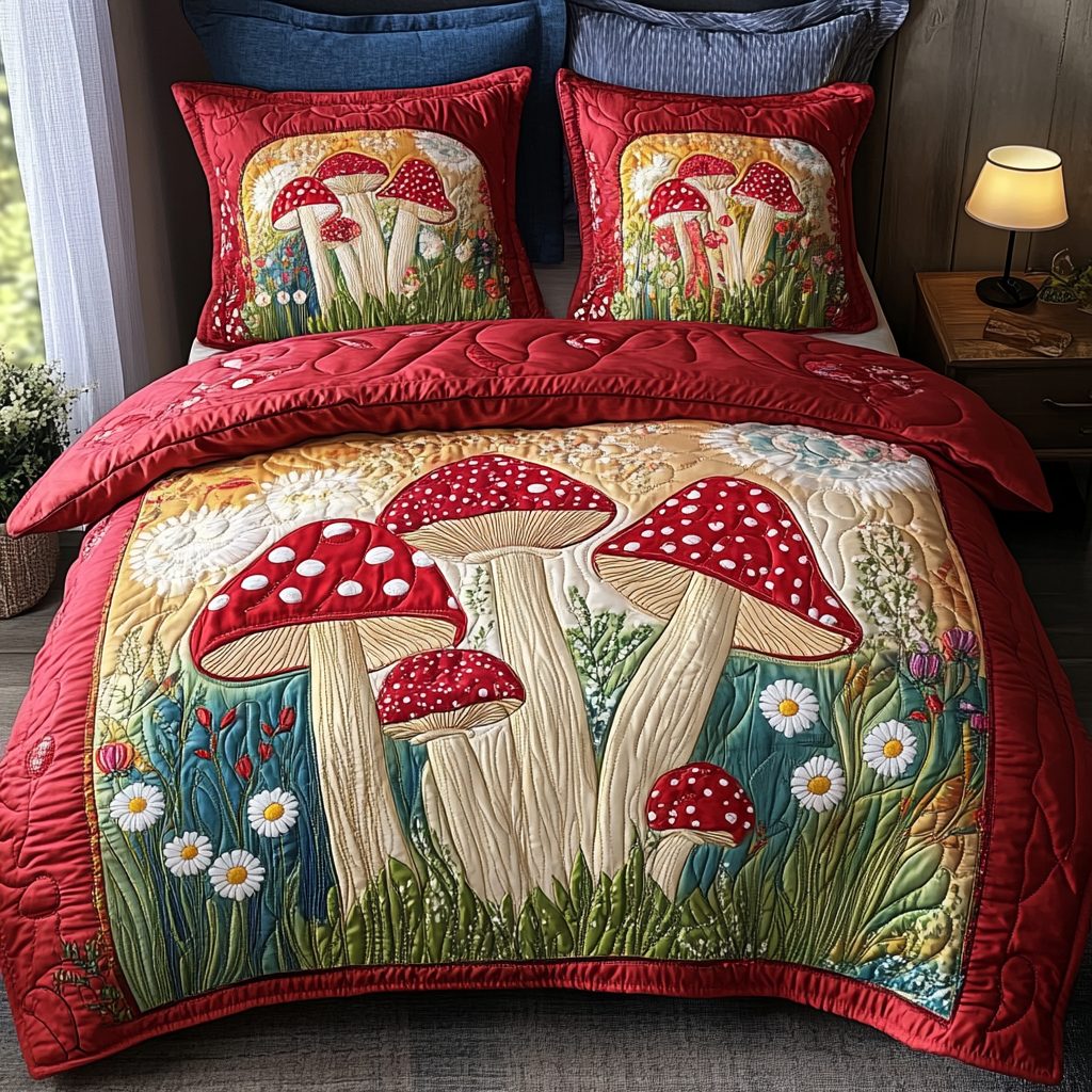 Mushroom Rise quilted 3-piece bedding set on a made bed with two matching pillow shams