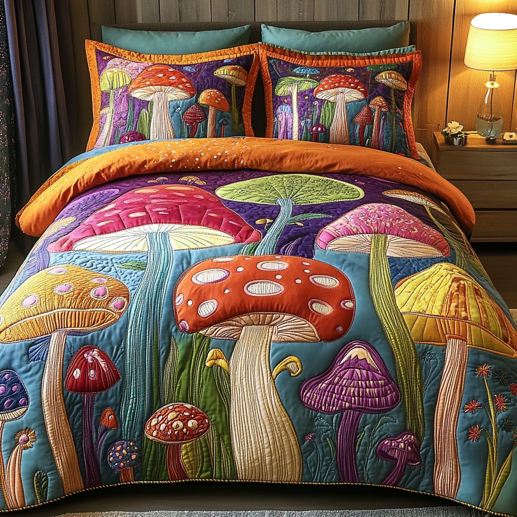 Mushroom Rise quilted 3-piece bedding set on a made bed with two matching pillow shams
