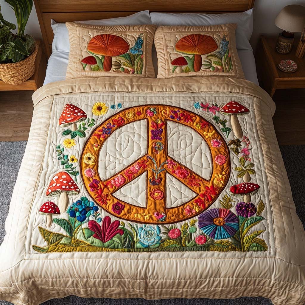 Mushroom Serenity quilted 3-piece bedding set on a made bed with two matching pillow shams
