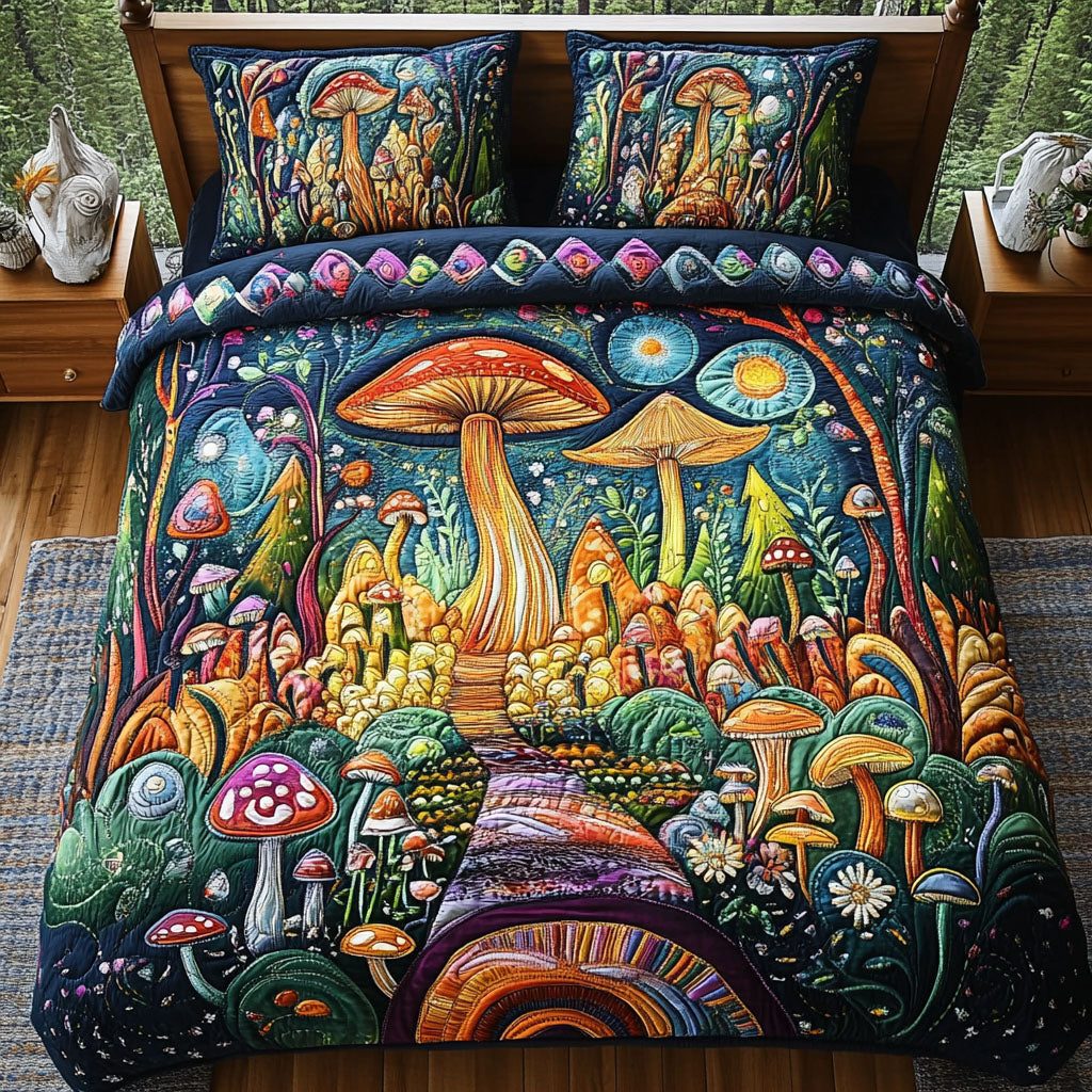 Mushroom Wonderland quilted 3-piece bedding set on a made bed with two matching pillow shams