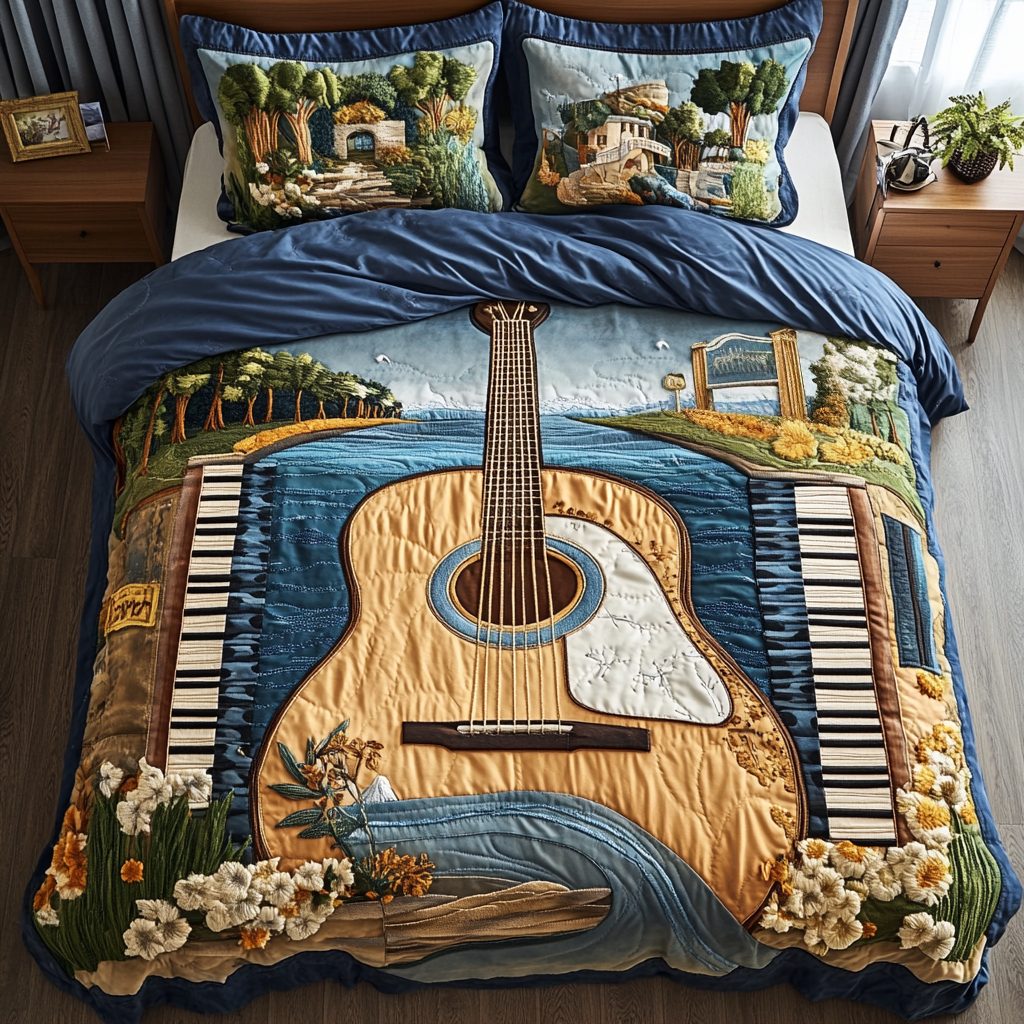 Musical Breeze quilted 3-piece bedding set on a made bed with two matching pillow shams