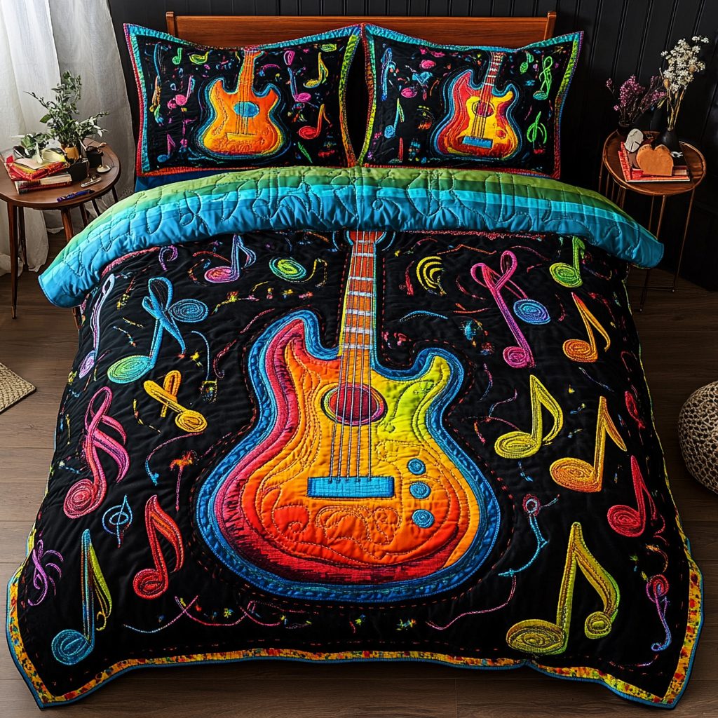 Musical Vibes quilted 3-piece bedding set on a made bed with two matching pillow shams