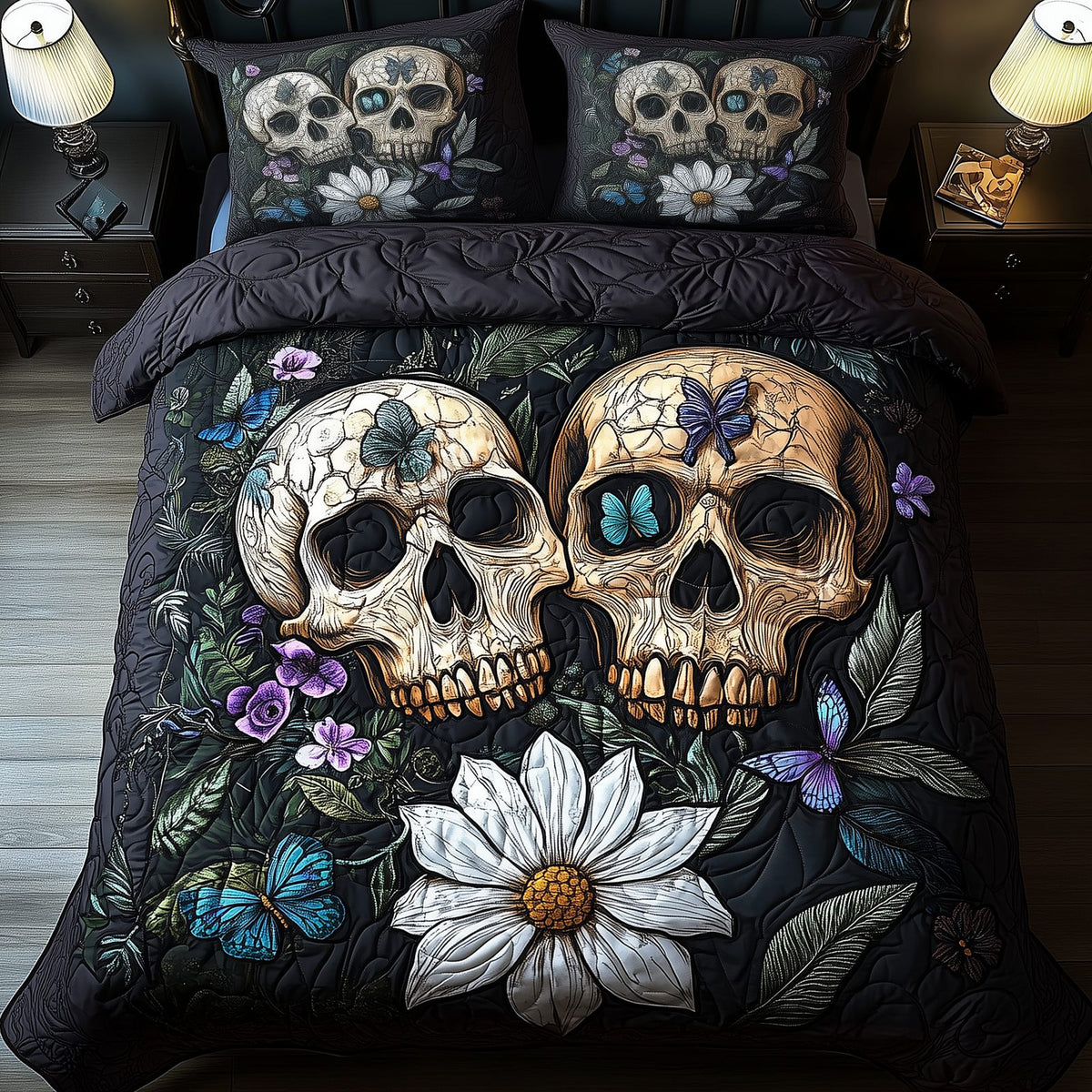 Mysterious Garden quilted 3-piece bedding set on a made bed with two matching pillow shams