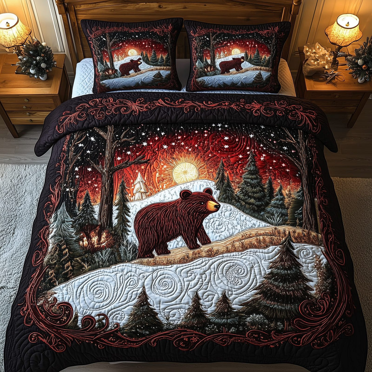 Mystery in the Forest quilted 3-piece bedding set on a made bed with two matching pillow shams
