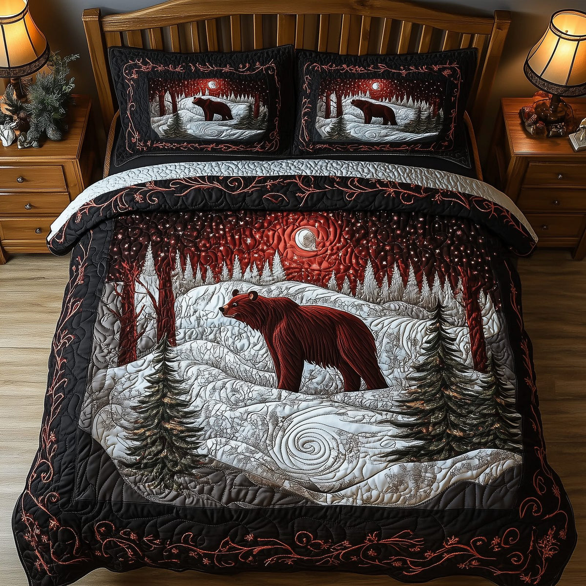 Mystery in the Forest quilted 3-piece bedding set on a made bed with two matching pillow shams