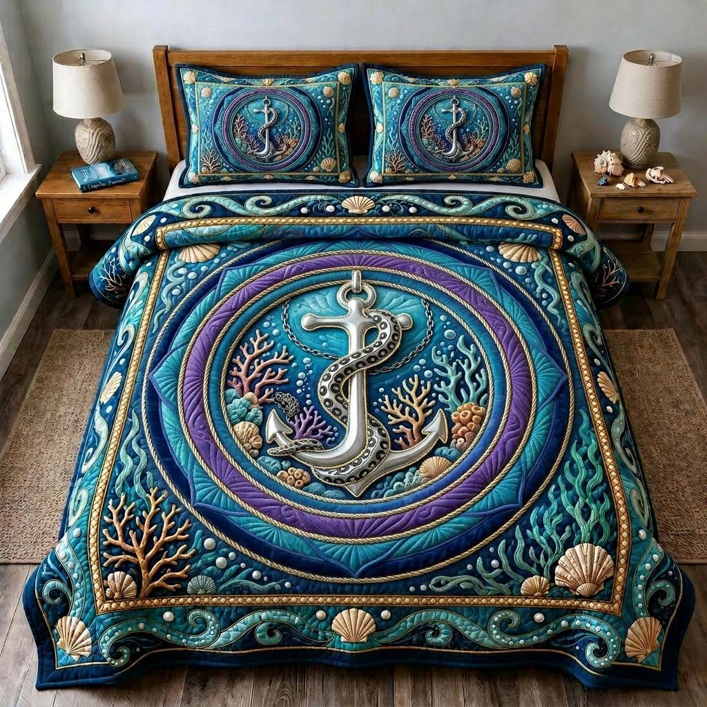 Mystic Anchor Portal quilted 3-piece bedding set on a made bed in a light coastal bedroom