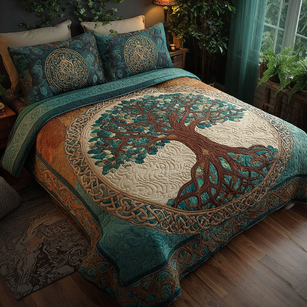 Mystic Arbor quilted 3-piece bedding set on a made bed with two matching pillow shams