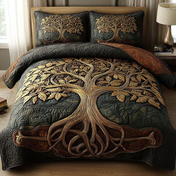 Mystic Arbor quilted 3-piece bedding set on a made bed with two matching pillow shams