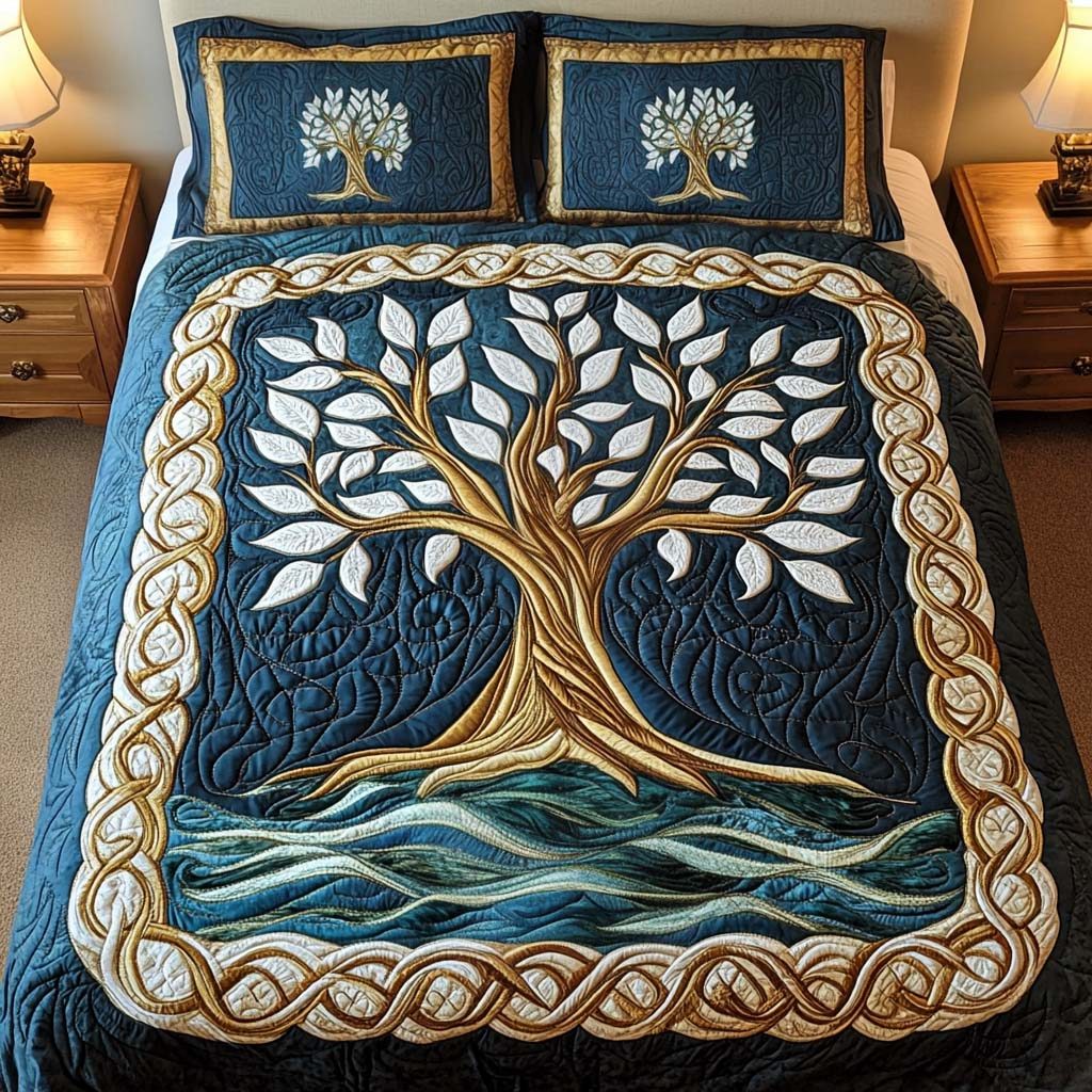 Mystic Arbor quilted 3-piece bedding set on a made bed with two matching pillow shams