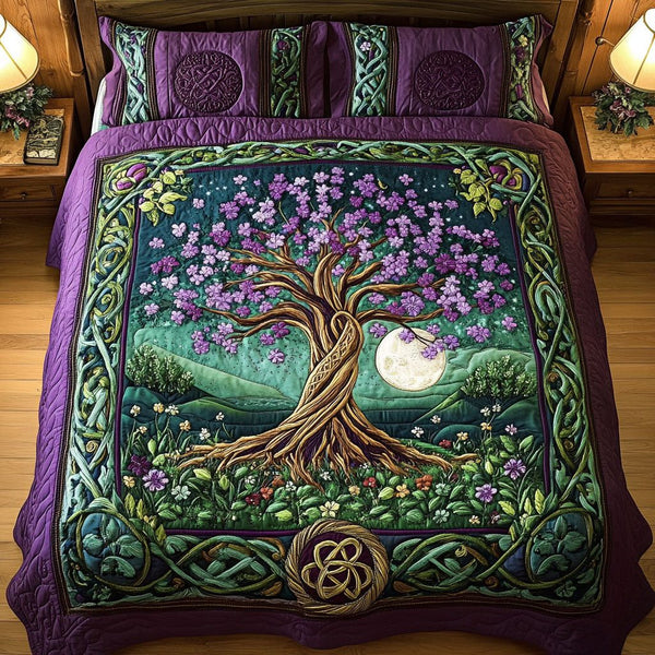 Mystic Arboreal Dreams quilted 3-piece bedding set on a made bed with two matching pillow shams