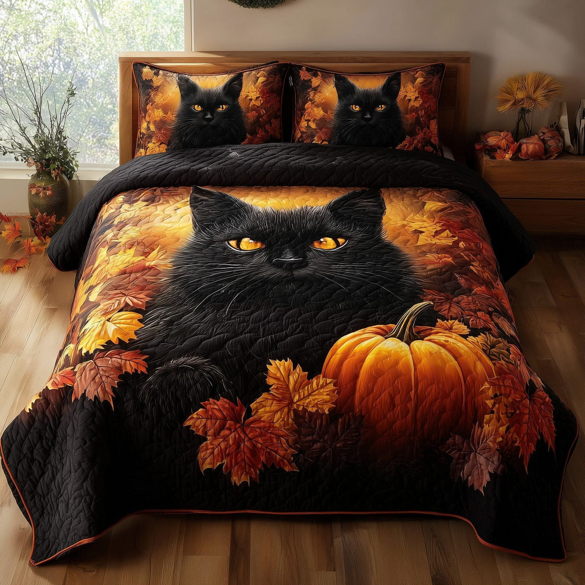 Mystic Autumn Cat quilted 3-piece bedding set on a made bed with two matching pillow shams