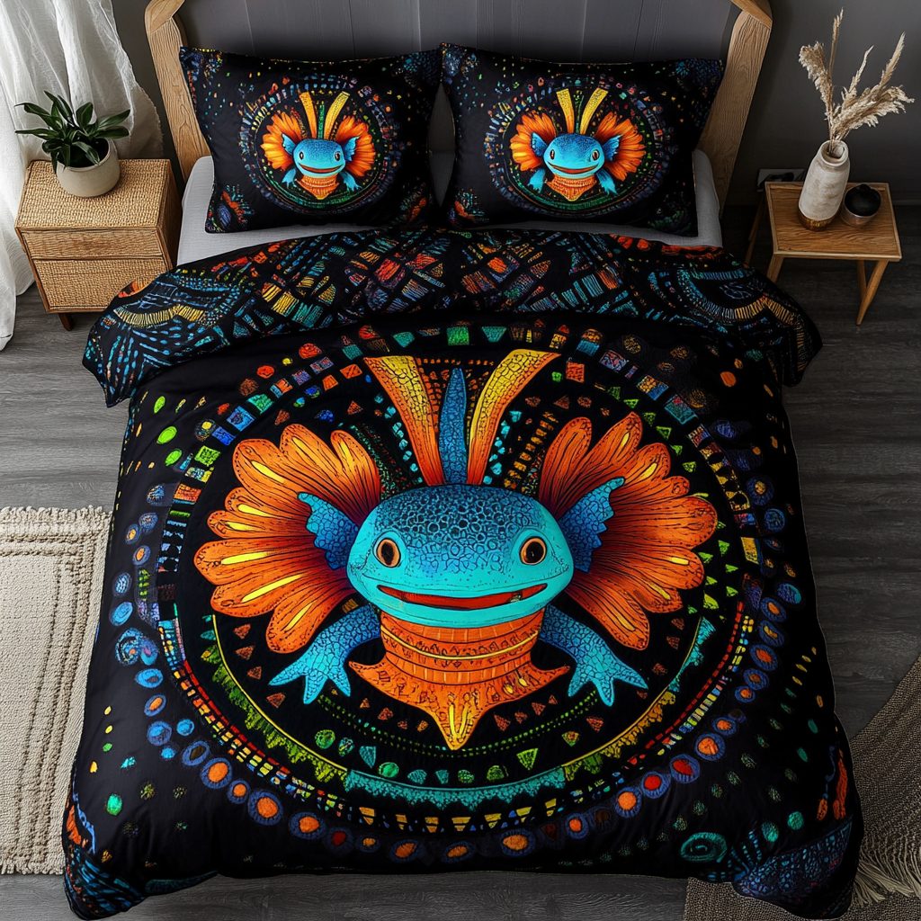 Mystic Axolotl quilted 3-piece bedding set on a made bed with two matching pillow shams