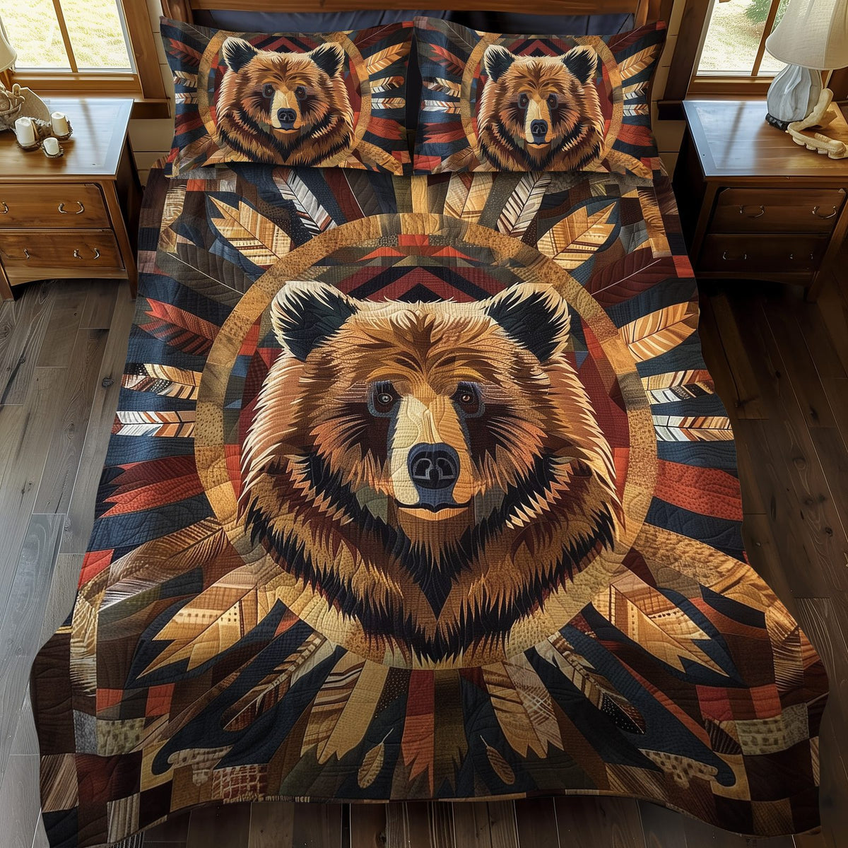 Mystic Bear quilted 3-piece bedding set on a made bed with two matching pillow shams