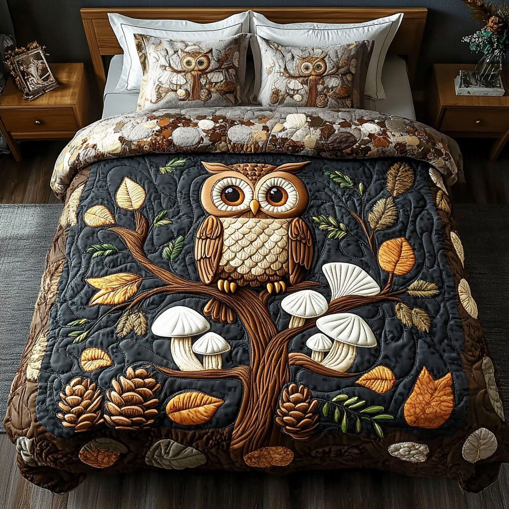 Mystic Branch quilted 3-piece bedding set on a made bed in a rustic timber bedroom