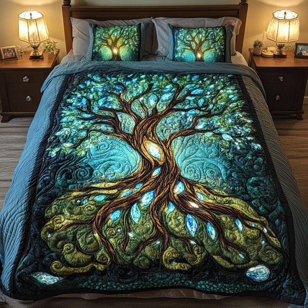 Mystic Branches quilted 3-piece bedding set on a made bed in a rustic timber bedroom