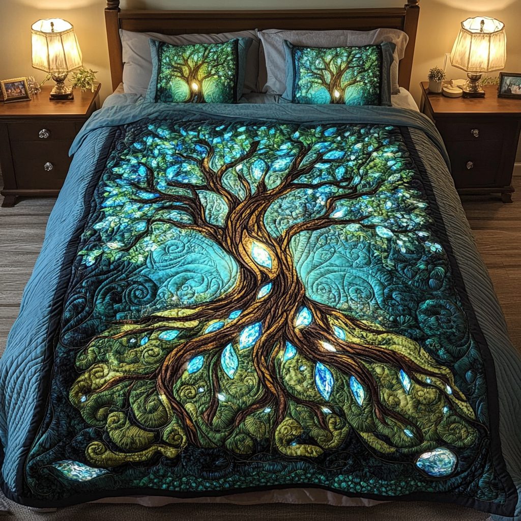 Mystic Branches quilted 3-piece bedding set on a made bed in a rustic timber bedroom