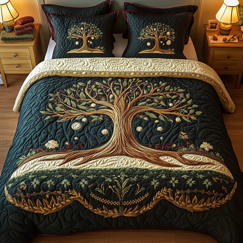 Mystic Branches quilted 3-piece bedding set on a made bed in a rustic timber bedroom