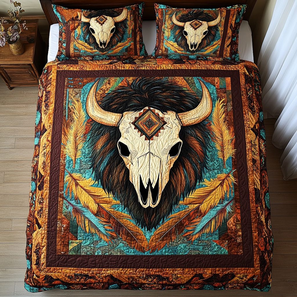 Mystic Buffalo quilted 3-piece bedding set on a made bed in a rustic timber bedroom