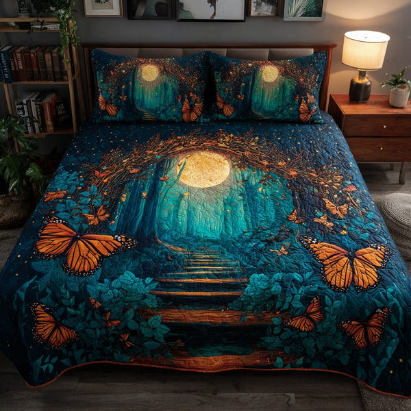 Mystic Butterfly quilted 3-piece bedding set on a made bed with two matching pillow shams