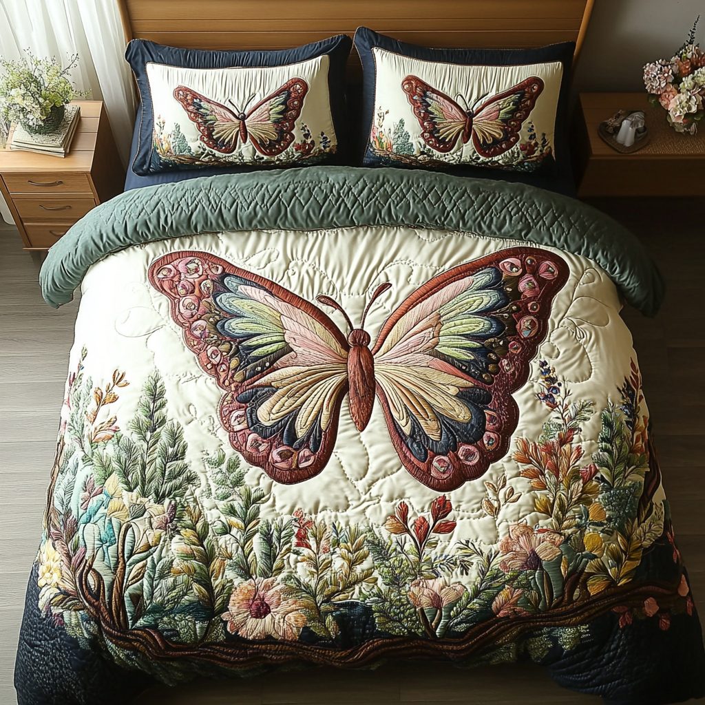 Mystic Butterfly quilted 3-piece bedding set on a made bed with two matching pillow shams