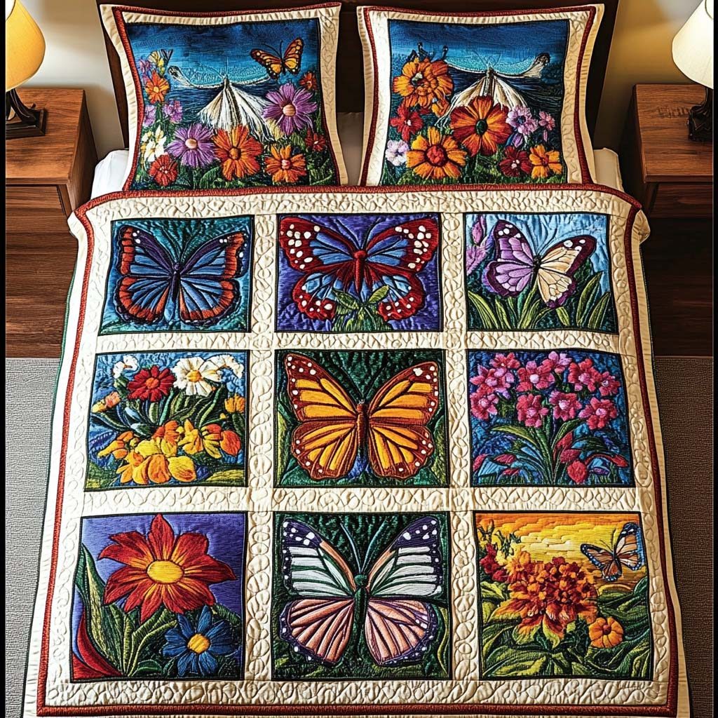 Mystic Butterfly Sky quilted 3-piece bedding set on a made bed with two matching pillow shams