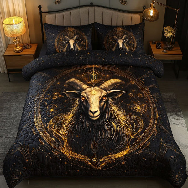 Mystic Capricorn quilted 3-piece bedding set on a made bed with two matching pillow shams