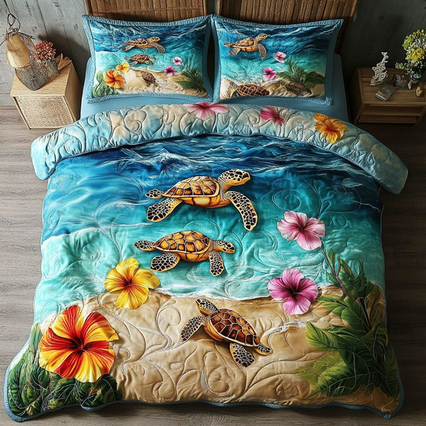 Mystic Carapace quilted 3-piece bedding set on a made bed with two matching pillow shams