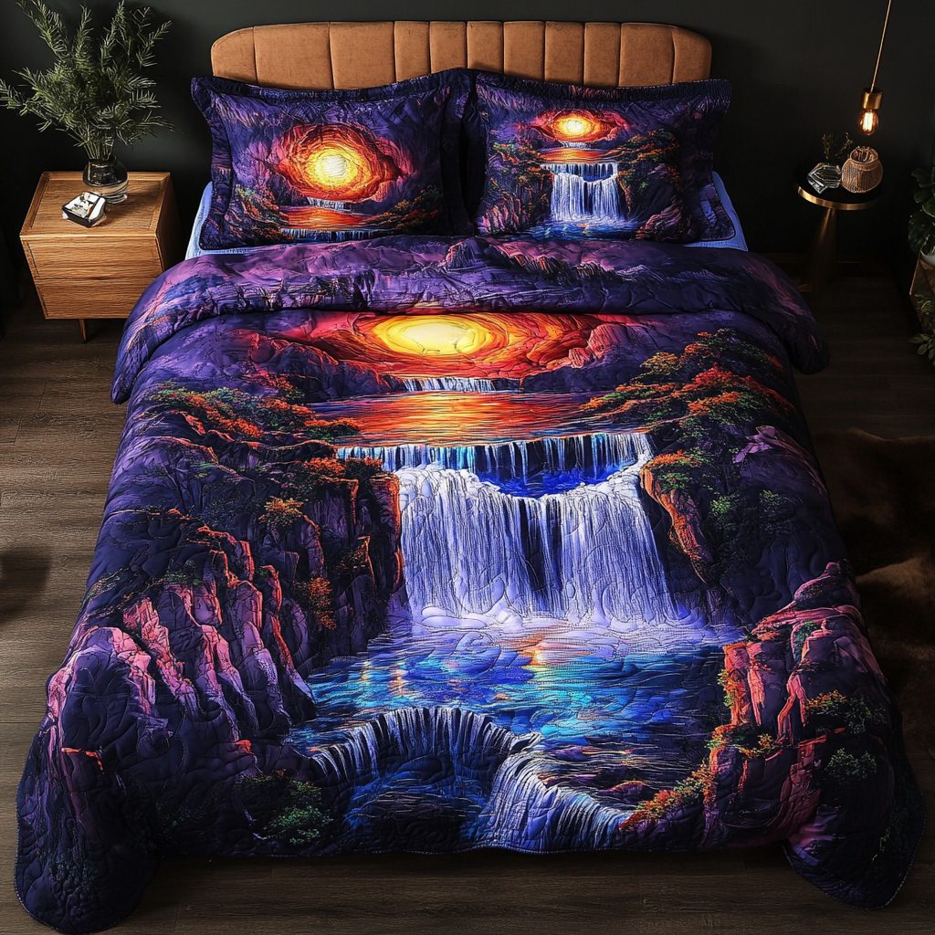 Mystic Cascade quilted 3-piece bedding set on a made bed with two matching pillow shams