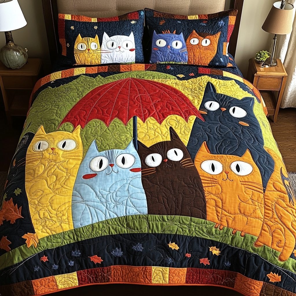 Mystic Cat quilted 3-piece bedding set on a made bed with two matching pillow shams