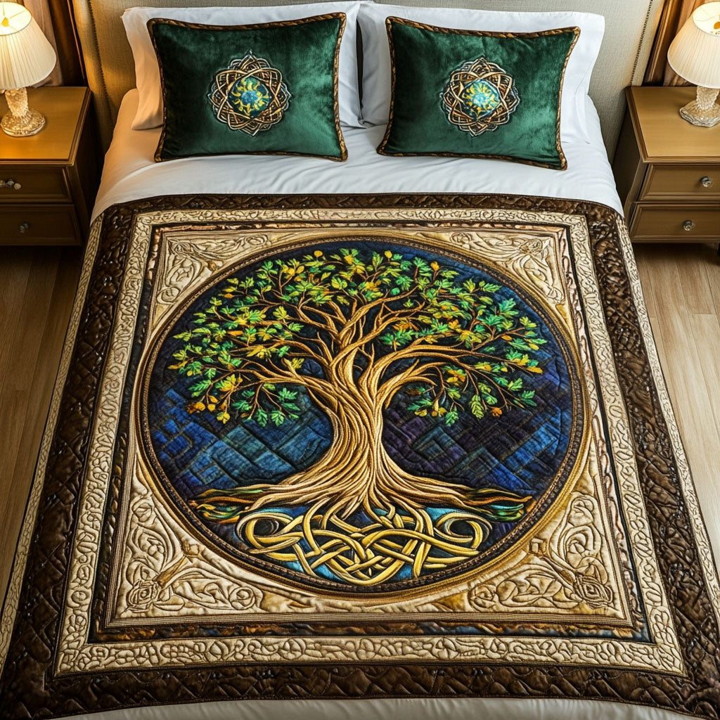 Mystic Circles quilted 3-piece bedding set on a made bed with two matching pillow shams