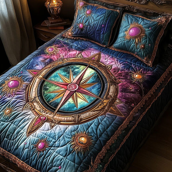Mystic Compass quilted 3-piece bedding set on a made bed with two matching pillow shams
