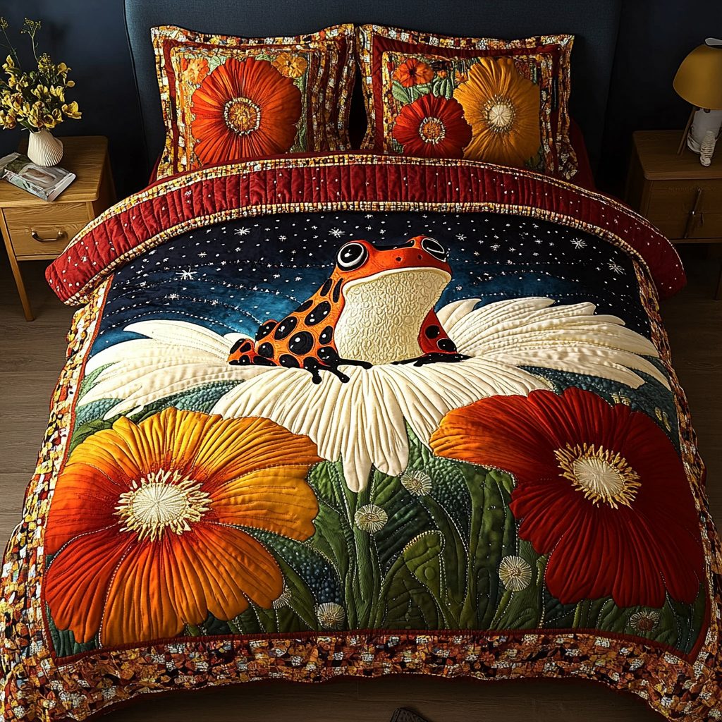 Mystic Croak quilted 3-piece bedding set on a made bed with two matching pillow shams