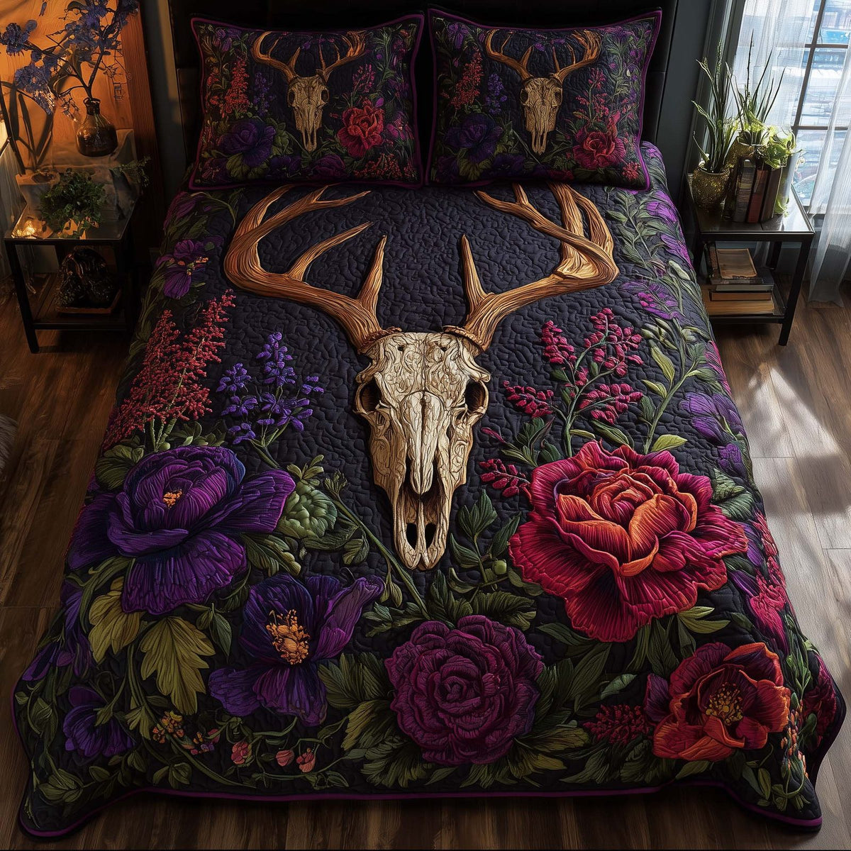 Mystic Deer Skull quilted 3-piece bedding set on a made bed against a dark styled interior