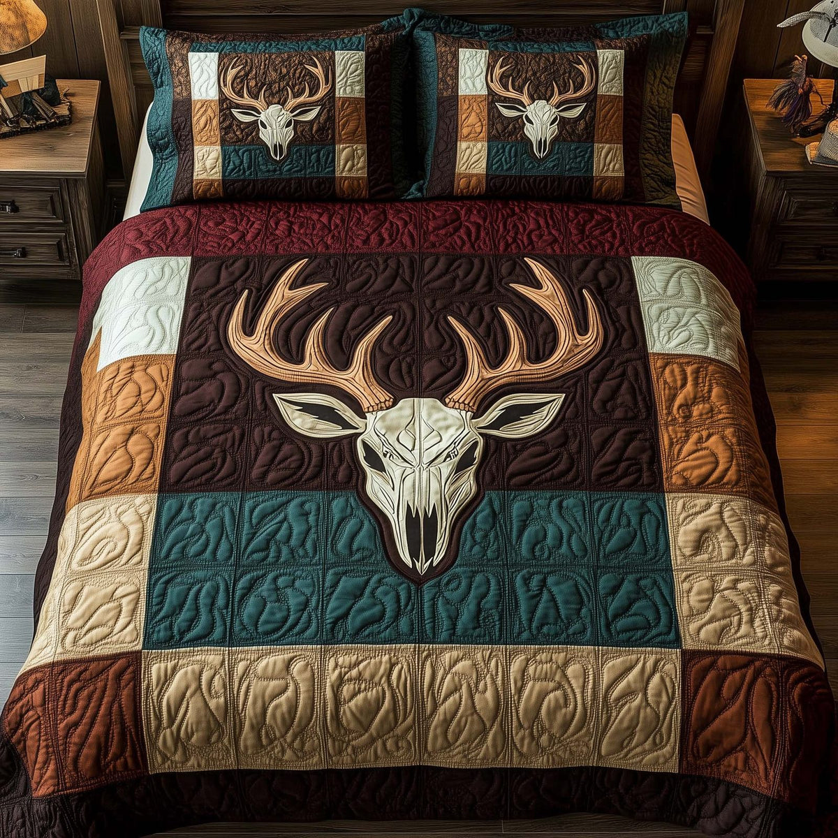 Mystic Deer Skull quilted 3-piece bedding set on a made bed against a dark styled interior