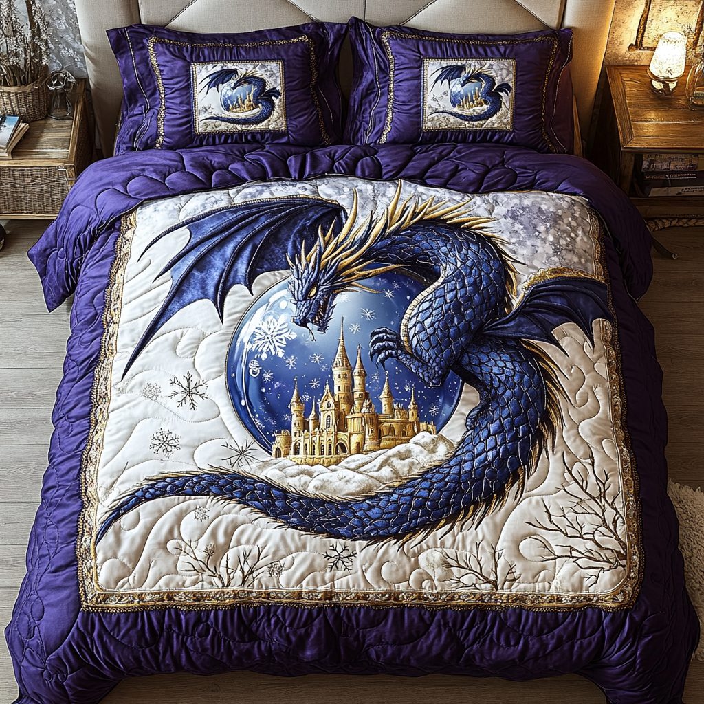 Mystic Dragon quilted 3-piece bedding set on a made bed with two matching pillow shams