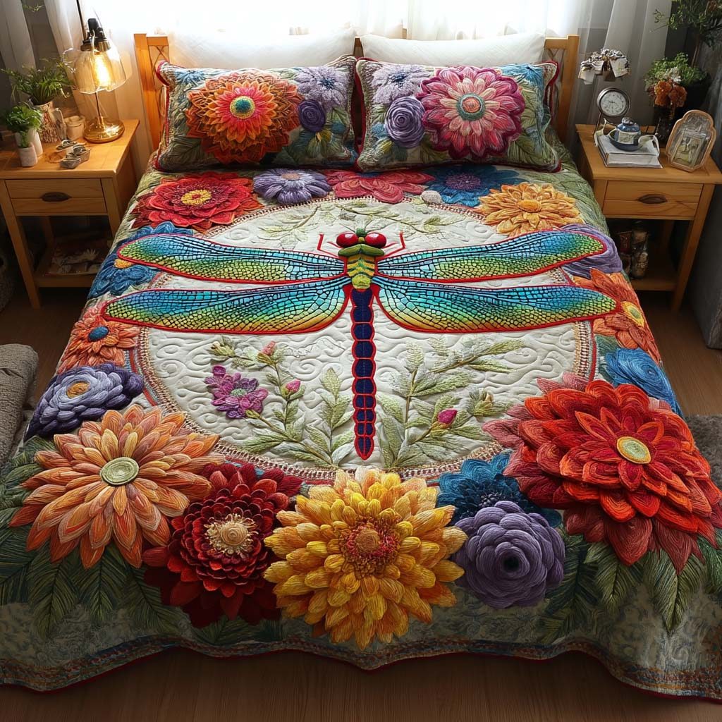 Mystic Dragonfly Dream quilted 3-piece bedding set on a made bed with two matching pillow shams