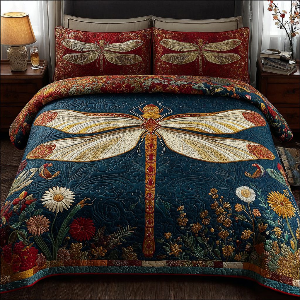 Mystic Dragonfly quilted 3-piece bedding set on a made bed with two matching pillow shams