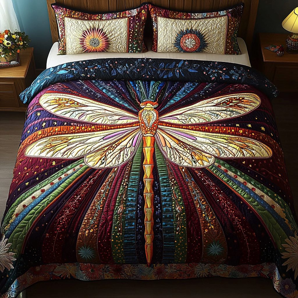 Mystic Dragonfly quilted 3-piece bedding set on a made bed with two matching pillow shams