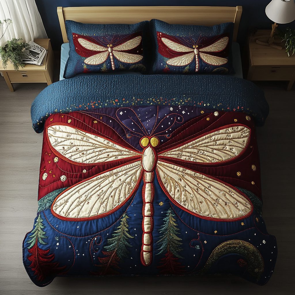 Mystic Dragonfly quilted 3-piece bedding set on a made bed with two matching pillow shams