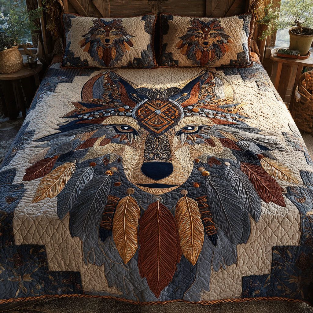 Mystic Dream Howler quilted 3-piece bedding set on a made bed with two matching pillow shams