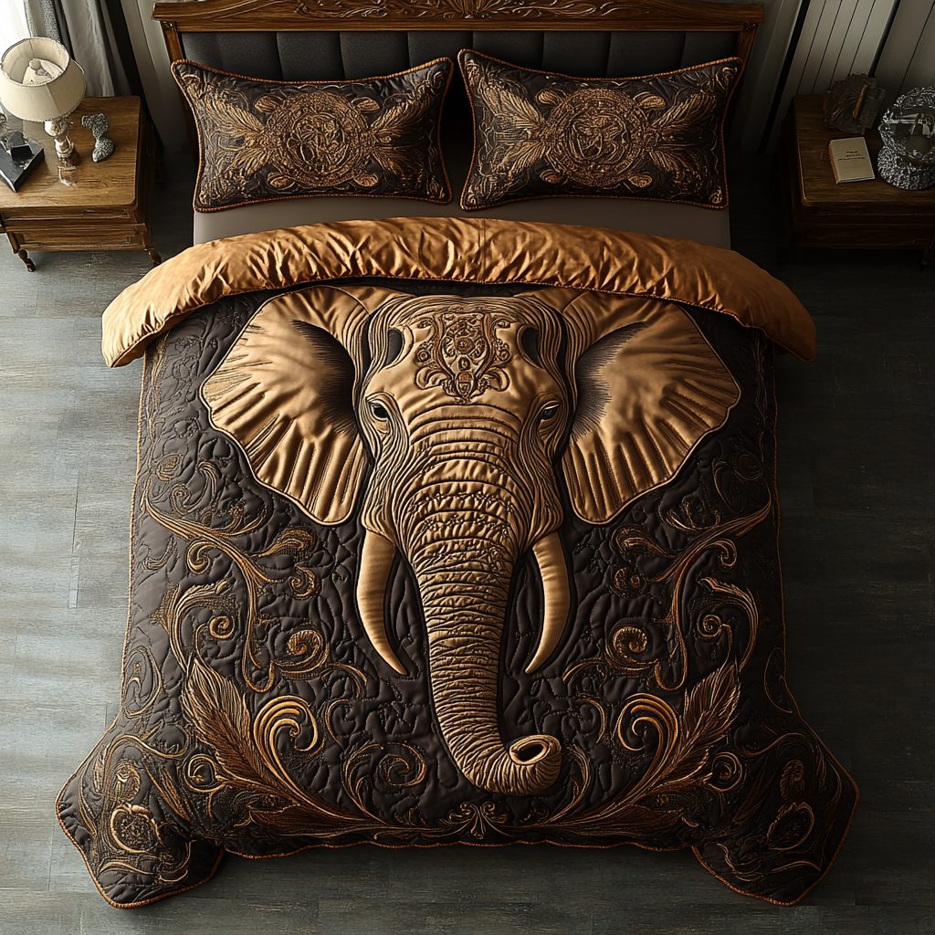 Mystic Elephant quilted 3-piece bedding set on a made bed with two matching pillow shams