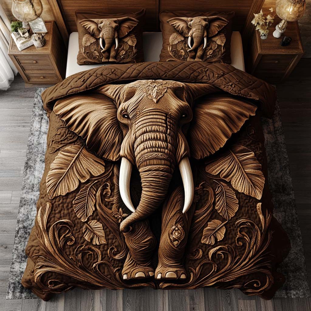 Mystic Elephant quilted 3-piece bedding set on a made bed with two matching pillow shams