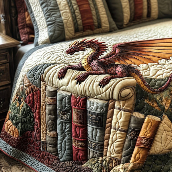 Mystic Ember Dragon quilted 3-piece bedding set on a made bed with two matching pillow shams