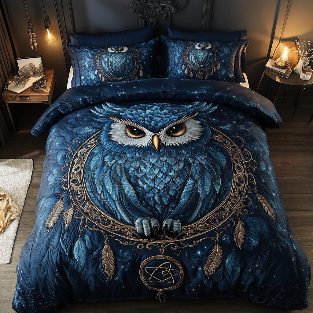 Mystic Eyes quilted 3-piece bedding set on a made bed with two matching pillow shams